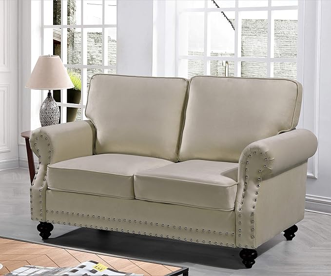 Lotus Mid Century Modern Velvet Upholstered Living Room Rolled Arms, Chair, Loveseat and Sofa, Ivory