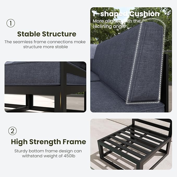 LayinSun Large Aluminum Patio Furniture Set with Fire Pit Table, 7 Pieces Modern Outdoor Conversation Set Sectional Metal Sofa Set with Olefin Cushion