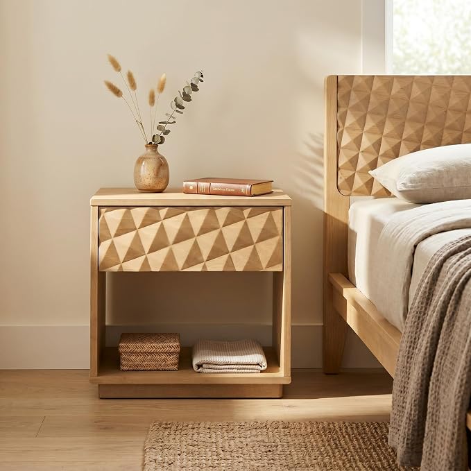 NTC Sapa Solid Wood Nightstand with 3D Carved Drawer Front – Modern Bedside Table with Open Shelf, Easy Assembled - Sand by NTC
