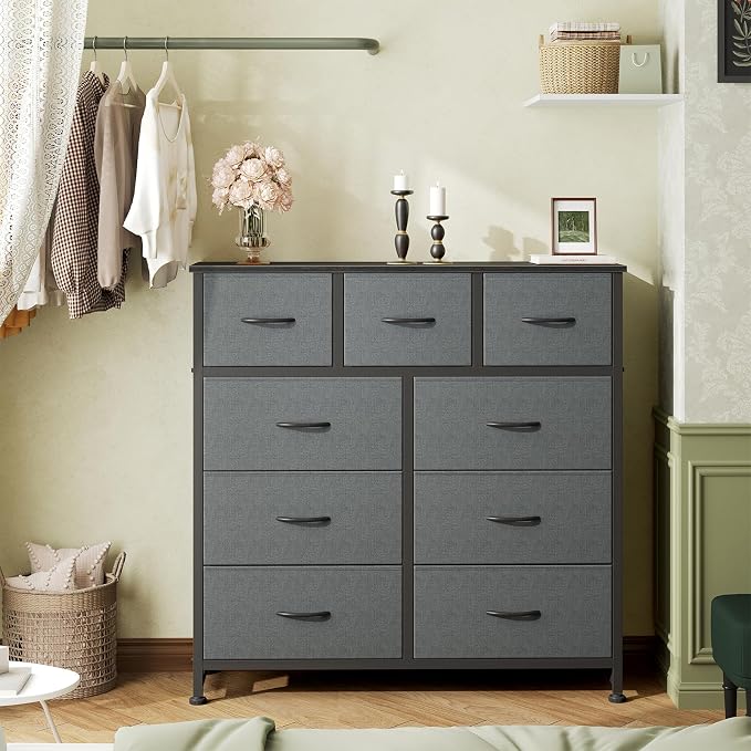 DUMOS Dresser for Bedroom, Dressers & Chests of Drawers Dresser Organizer, Wood Top Table Furniture with 9 Fabric Storage Tower Unit, Chest of Drawers for Closet, Living Room, Hallway, Porch - Image 2