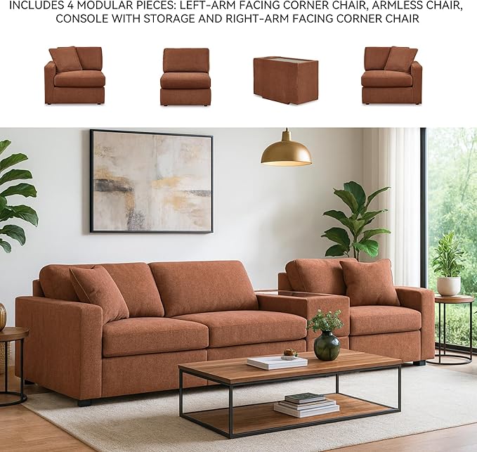 Signature Design by Ashley Modmax Urban Modular Stain Resistant 4-Piece Sectional with Storage Console, Drawer and 2 Accent Pillows, Orange