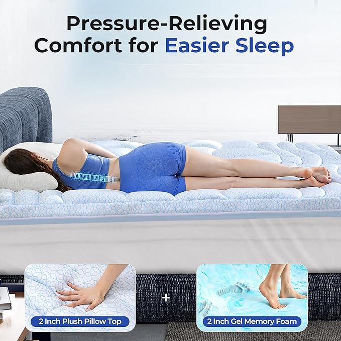 HOMRELEXA Dual Layer 4 Inch Cooling Memory Foam Mattress Topper Twin XL Size, 2 Inch Thick Soft Quilted Ice Silk Pillow Top Cover Plus 2 Inch Gel Memory Foam Mattress Pad for Back Pain Relief