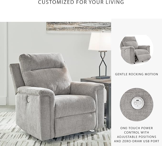 Signature Design by Ashley Barnsana Casual Power Recliner with Rocking Motion and USB Port, Light Gray