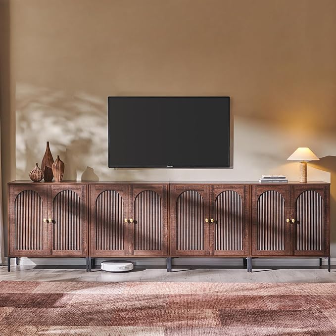 IFGET Modern TV Stands for 85 Inch TVs, 123.5‬"W Wood Entertainment Center w/Adjustable Shelves, Mid Century Modern TV Stand w/Arched Fluted Doors, Media Console Cabinet for Living Room, Brown by IFGETEnrichYourLivingSpace