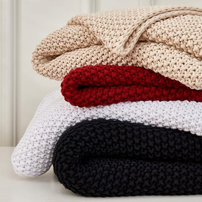 Chunky Cable Knit Throw Blanket Lightweight Black 100% Organic Cotton Blanket for Sofa Couch Bed Baby Nursery, Rustic Shabby Chic Modern Farmhouse, 51” x 63” Give Laundering Bag