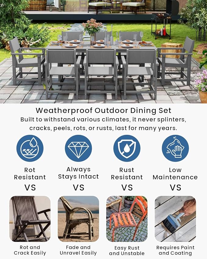 9-Piece Outdoor Dining Set, HDPE Weatherproof Patio Table and Chairs Set for 8, Outdoor Patio Furniture Sets with Umbrella Hole for Outside, Deck, Backyard, Garden (Grey) - Image 3
