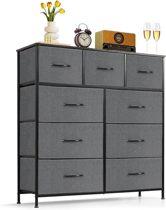 9-Drawer Dresser for Bedroom, Anti-Tip Tall Storage Organizer Chest of Drawers with Wooden Top and Metal Frame Fabric Bins for Closet, Living Room, Hallway, Entryway, Gray by SageNest