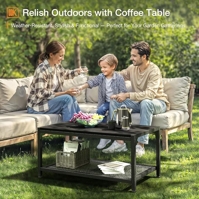 ODK Outdoor Coffee Table with Double-Layer Storage, Rectangle Weather-Resistant Patio Coffee Table for Garden, Balcony, Hot Tub, Poolside, Heavy-Duty Metal Frame, Black - Image 4