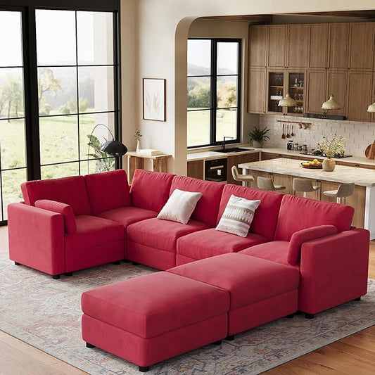 IDEALHOUSE 138" Modular Sectional Sofa, 7 Seater Sectional Couch, U-Shape Modern Sofa with Ottoman, Deep Seat, Oversized Convertible Modular Couch for Living Room Apartment Office, Chenille, Red
