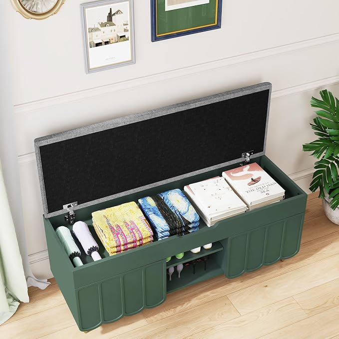3More 40" Entryway Shoe Storage Bench,Upholstered Hidden Space Beneath Seat Cushion Bench,2-Tier Unique Geometric Shape with Wood Grain,Green - Image 4