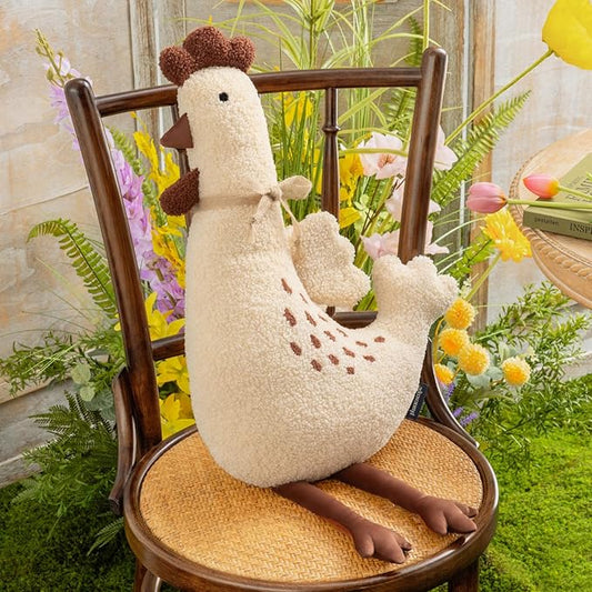 Phantoscope Chicken Shaped Throw Pillow, Soft Teddy Sherpa Hen Pillow with Ribbon, Decorative Easter Chicken Pillow with Wings Cockscomb Feet for Living Room Bedroom, Beige, 29x15 inches