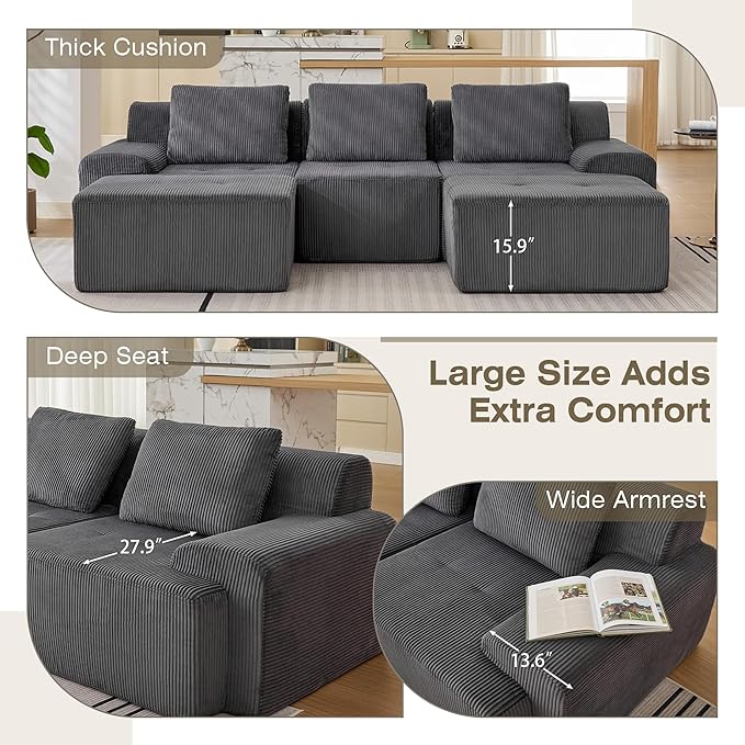 Modular Sectional Sofa, 6 Seat Modular Couch, Modular Sofa with Deep Seat and Detachable Pillow (Grey, 5 Pieces-U Shape)