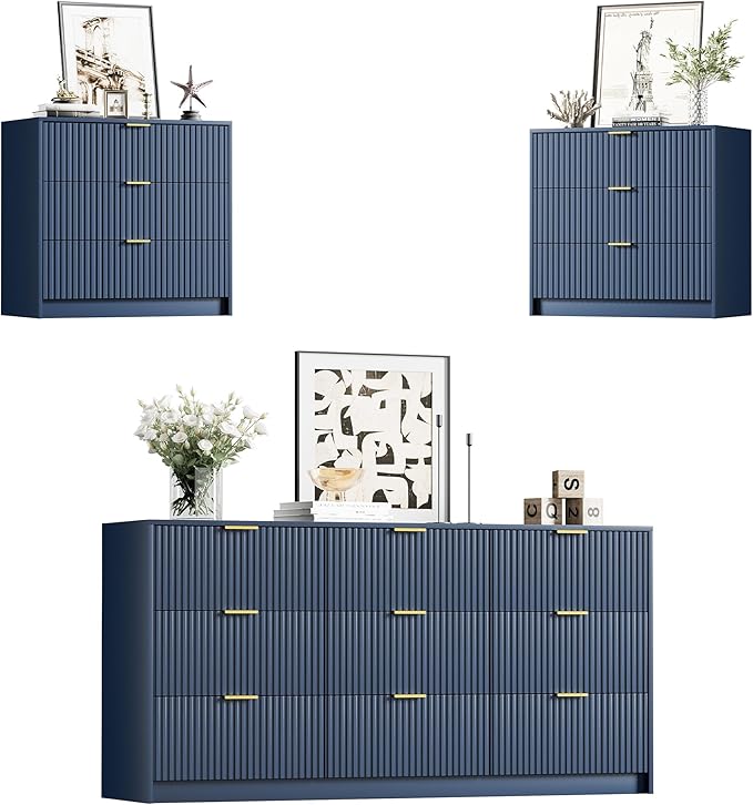 Furniway Blue Dresser Bedroom Set 3 Pieces, Nightstands Sets of 2, 9 Drawer Dresser with Gold Handles for Bedroom