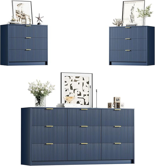 Furniway Blue Dresser Bedroom Set 3 Pieces, Nightstands Sets of 2, 9 Drawer Dresser with Gold Handles for Bedroom