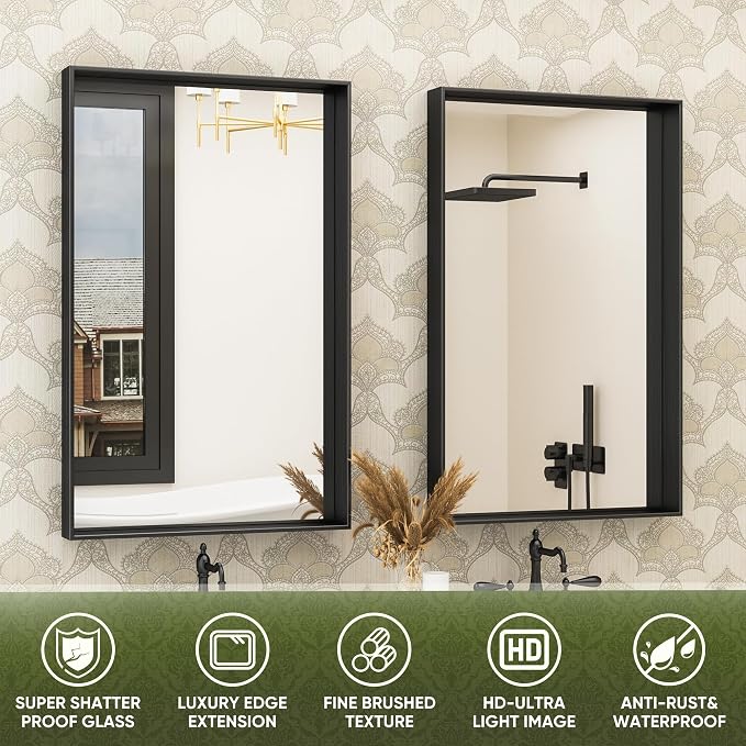 Suidia Bathroom Mirror, 24" x 36" Wall Mirror Metal Framed, Bathroom Vanity Mirror for Living Room Bedroom Bathroom Entryway, Black, Rect Corner Style - Image 8