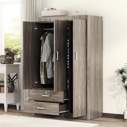 LZ LEISURE ZONE 3 Doors Wardrobe Armoire Closet, Large Freestanding Armoire Wardrobe Cabinet with 2 Drawers, Bedroom Clothes Storage Cabinet Organizer, Wood Grain Effect in Gray
