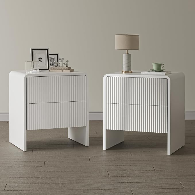 Set of 2 Curved Nightstand with 2 Drawers, Wooden Bedside Table with Push to Open Storage, Modern End Table for Bedroom, White by MAISONARIA
