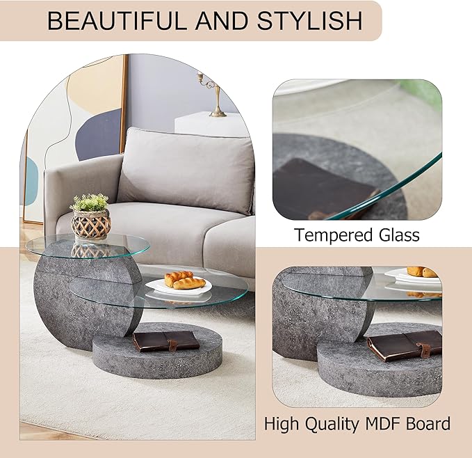 Modern Glass Coffee Table,Small Round Coffee Tables, 35" 3-Tier Circle Wood Coffee Table for Living Room Rustic Circle Center Cocktail Table with Tempered Glass, Unique Accent Table for Small Spaces