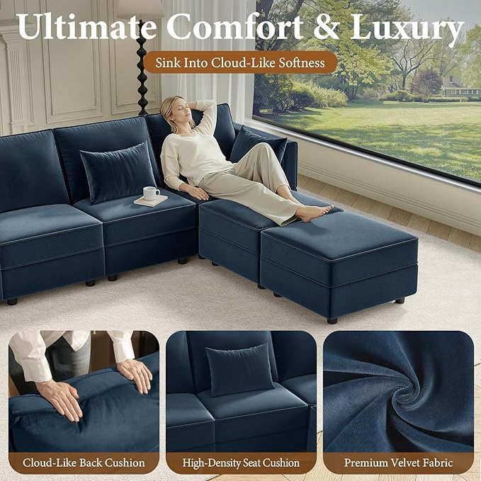 Vesgantti Sectional Couches with Storage Seats, 92" L Shaped Convertible Modular Sectional Sofa, 5 Seat & 1 Ottoman Velvet Storage Chaises Deep Seat Couch for Living Room, Bedroom, Apartment, Blue