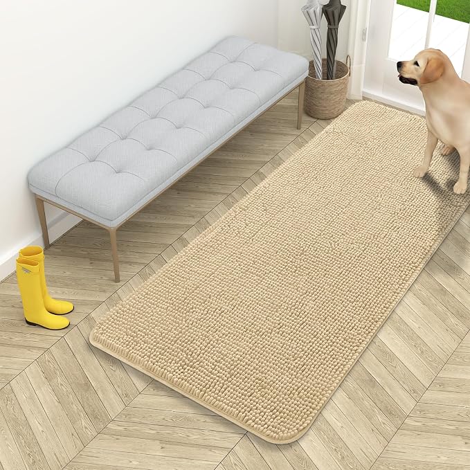 OLANLY Dog Door Mat for Muddy Paws 54x24, Absorbs Moisture and Dirt, Absorbent Non-Slip Washable Doormat, Quick Dry Chenille Mud Mat for Dogs, Entry Indoor Entryway Carpet for Inside Floor, Sand by OLANLY
