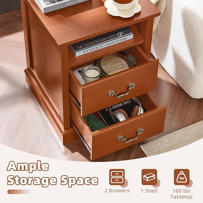 18" Farmhouse Nightstand Set of 2 with Charging Station,Rustic Night Stand, 2 Drawers Bedside Table,End Tables Bedroom with Vintage Handles,Caramel - Image 4