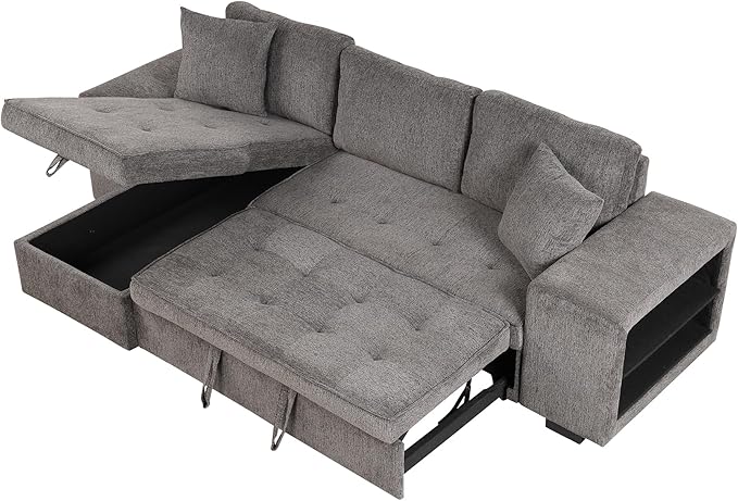 104.5 inch Reversible Sleeper Sectional Sofa with Pull Out Bed , Convertible L Shaped Sectional Couch with Storage Chaise and 2 Stools , Tufted Upholstered Pullout Sofa Bed for Living Room Apartment