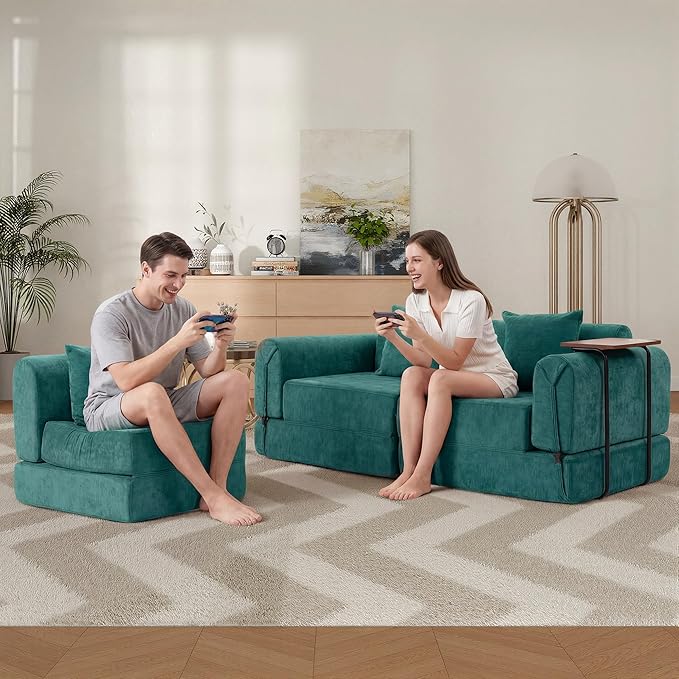 100" Convertible Sleeper Sofa Bed, Oversized Modular Sectional Cloud Sofa with Fixed-Shape Frame & Tabletop, Boneless Couch with Storage Pocket for Living Room, No Assembly Required, Green