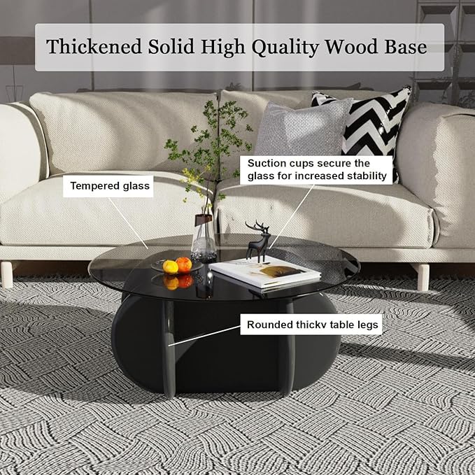 Black Glass Top Coffee Table Modern Elegant Round Coffee Tables with Solid Wood Legs and Tempered Glass Tabletop for Living Room Home Small Space Reception Office Tables 31.5"