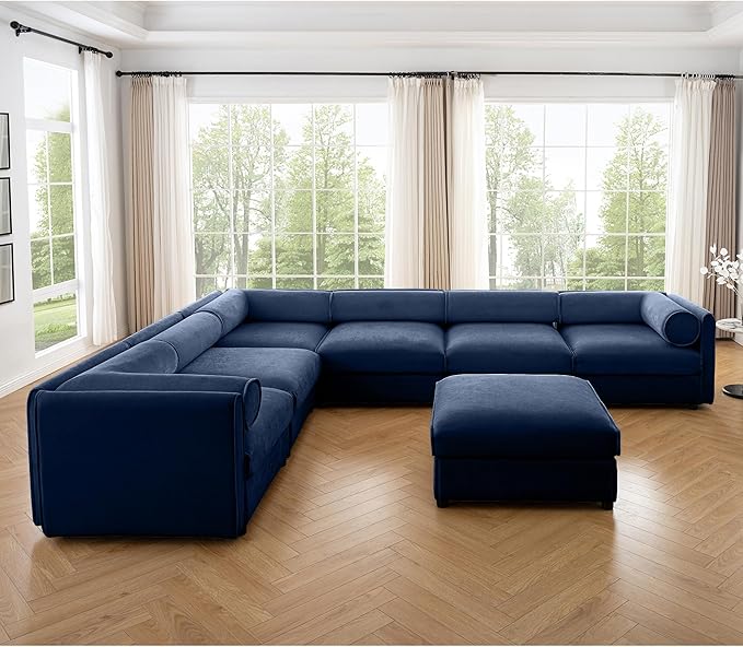 KEIKI 143" Large Modular Chenille Sectional Sofa with Storage Seat, 1 Ottoman, Modern 6-Seater Couch with Cylindrical Backrest and 2 Armrests, Easy Assembly, for Apartment, Living Room, Blue