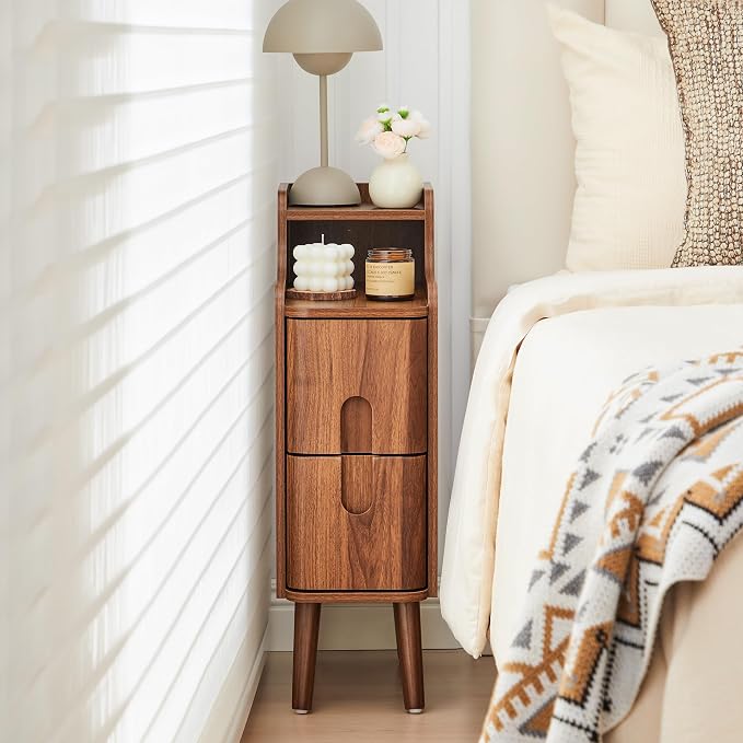 Narrow End Table Living Room, Wooden Small 2 Drawer Nightstand Bedroom, Thin Couch Side End Table, Vintage Skinny Bedside Table Small Spaces, Mid Century Modern Night Stand with Drawers (Walnut-1 pc) by FurSchFurniture