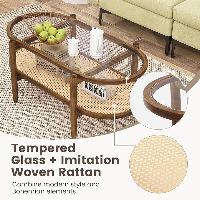 Moccha Boho Coffee Table, 2-Tier Center Table with Tempered Glass Tabletop & PE Rattan Storage Shelf, Mid Century Modern Tea Table with Wood Frame, 40" L Oval Accent Table for Living Room, Office