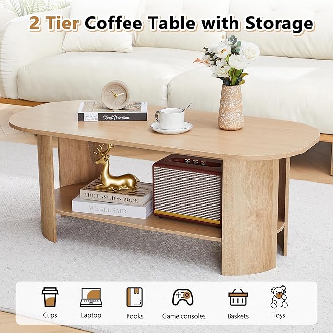 Oval Coffee Table for Living Room, 43.3” Farmhouse Coffee Tables with Storage, 2-Tier Wood Center Table with Storage Shelf Low Tea Table for Small Space, Home, Office, Easy Assembly (Natural)