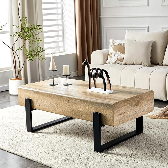 47.24" Rectangle Coffee Table, Wood Coffee Table Center Table with 7.8" Thick Tabletop Metal Legs Rounded Corners for Living Room Office, Natural Wood