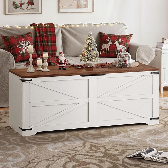 DWVO Storage Bench, 47.2" Farmhouse Storage Chest with 2 Safety Hinges, Wooden Utility Organizer, Shoe Bench for Entryway, Bedroom, Living Room, White and Walnut by DWVO