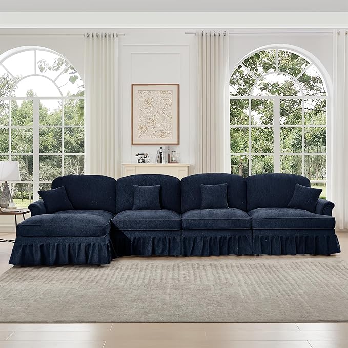 KEIKI Mid Century Modular Sofa with Flared Arms and Skirted Design, 137“ Oversized 4-Seater with Ottoman Luxury Chenille L-Shaped Sectional Couches for Living Room, Chaise Lounge Indoor, Blue
