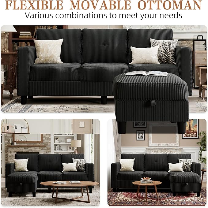 Shintenchi Modern Upholstered Sectional Sofa, L-Shaped Couch with Storage Ottoman and Reversible Chaise for Living Room, Black Corduroy Fabric