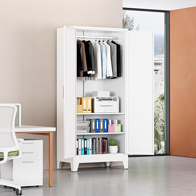 Metal Armoire Wardrobe Closet with Doors and Shelves, 71" Tall Metal Wardrobe Closet with Hanger Rod and Clothing Shelf, White Farmhouse Bedroom Armoire Steel Storage Cabinet for Bedroom