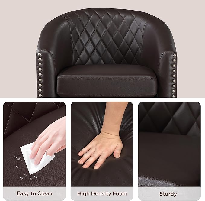 Prilinex Comfy Barrel Accent Chair Set of 4 - Faux Leather Living Room Chair Club Chair with Cushion, Diamond Grid Backrest & Nailhead Trim, Guest Chair for Office, Bedroom & Waiting Room, Brown
