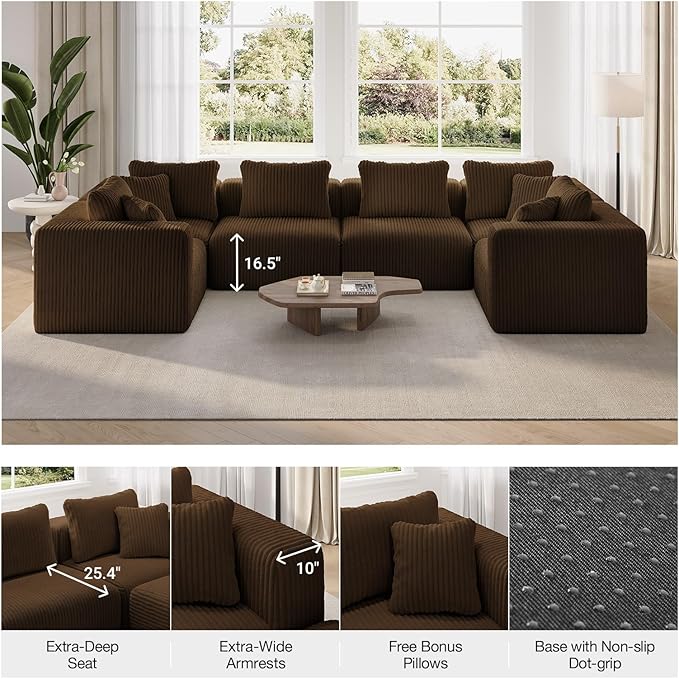 Novilla 141" Modular Sectional Sofa, Modern Cloud Sectional Couch with Smarts Coil® Support, U-Shape Boneless Couch for Living Room Apartments, No Assembly Required, Brown (4 Seat w/ 4 Ottoman)