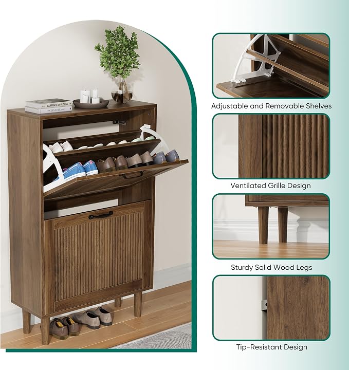 Kiasthome 2 Tier Entryway Shoe Storage Cabinet Closed Space Saving Hidden Shoe Organizer with Ribbed Doors Freestanding for Hallway Bedroom Walnut Finish (Walnut, 24.4") - Image 6