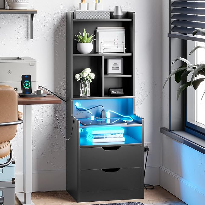 ADORNEVE Charging Nightstand Set of 2 with LED Lights,Tall Night Stand with Bookshelf,Bedside Table with Drawers,Black Side Tables Bedroom - Image 7