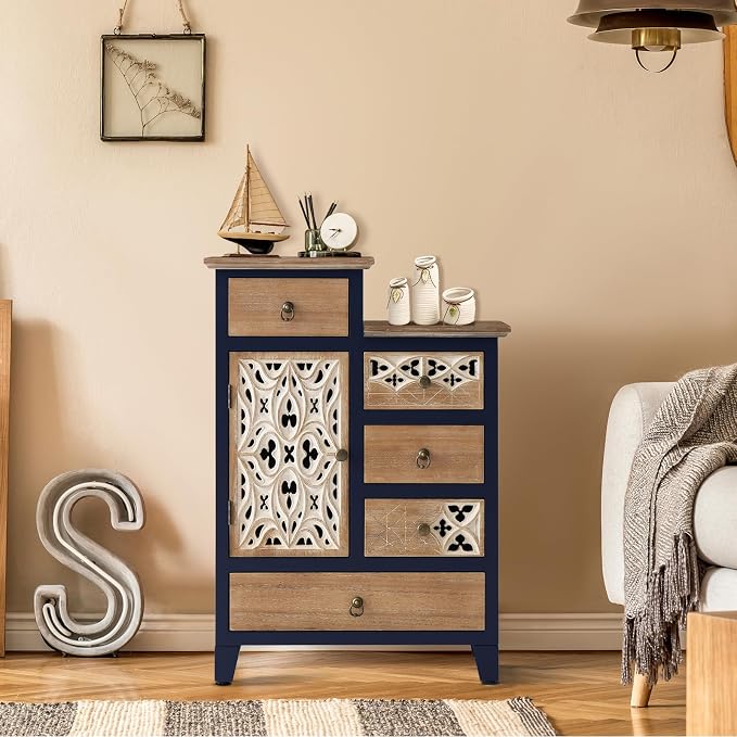 Ahokua Farmhouse Accent Chest with Carved Door and 5-Drawers, Vintage Storage Cabinet Modern Dresser for Living Room, Entryway, Hallway, Multi-Drawer Organizer, Natural and Deep Blue - Image 7