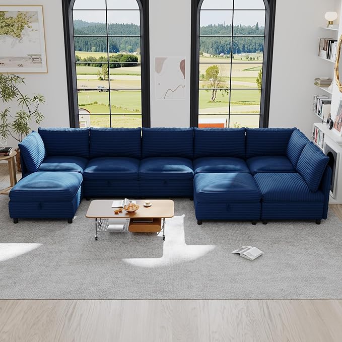 ERYE Modern Modular Storage Sectional Sofa, U/L Shaped Corduroy Modular Sofa Couch W/Movable Ottoman & Seat, 8 Seater Corduroy Upholstered Sofa Couch for Living Room