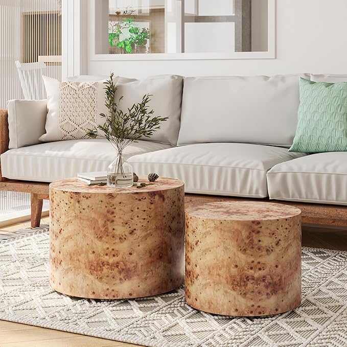 Nesting Coffee Table Set of 2 for Living Room, Modern Round Wooden Circle Accent Side Tables for Small Spaces, Bedroom, Balcony, Office, Natural Burl Finish (19"+15")