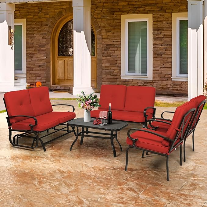 Oakcloud 5-Piece Outdoor Metal Furniture Sets Patio Conversation Set Wrought Iron Glider, 2 Single Chairs, Loveseat and Coffee Table, Red