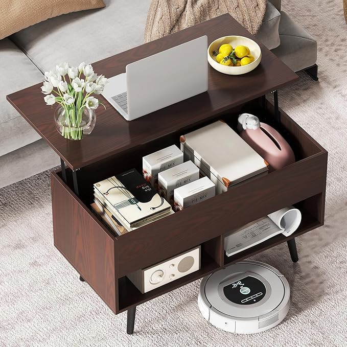 Tangkula Lift Top Coffee Table, Modern Cocktail Table with Hidden Compartment & 2 Open Shelves, Flip Top Center Table, Wooden Pull up Coffee Table for Living Room, Reception Room, Office (Brown)