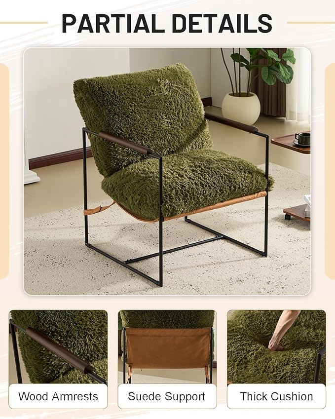 Karl home Modern Accent Chair Plush Fleece Upholstered Living Room Chair with Metal Frame Wooden Armrest Comfy Lounge Armchair for Living Room, Bedroom, Balcony, Reading Room, Green