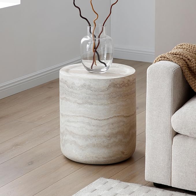 15.74" Round Coffee Table in Faux Marble, Stone Coffee Table, Modern Fiberglass Side Table, Minimalist End Coffee Table for Living Room, No Assembly.