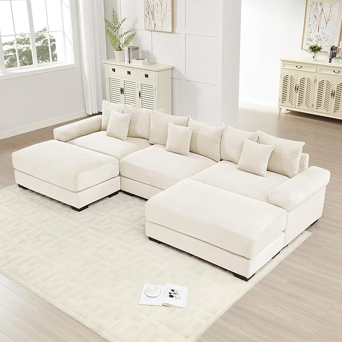 KEIKI 130" U-Shaped Oversized Corduroy Modular Cloud Sectional Sofa with 2 Ottoman, High-Density Foam Cushion, Extra-Thick Armrest, 3-Seater Fluffy Corner Couch with 9 Pillow, for Living Room, Beige