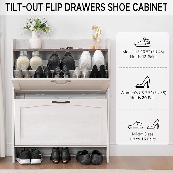 Narrow Shoes Storage Cabinet, Entryway Storage with 2 Flip Drawers, Farmhouse Shoe Organizer with Removable Shelves, Anti-Drop Top Fence, 40.4H x 31.4W (Warm White Grayish) - Image 3